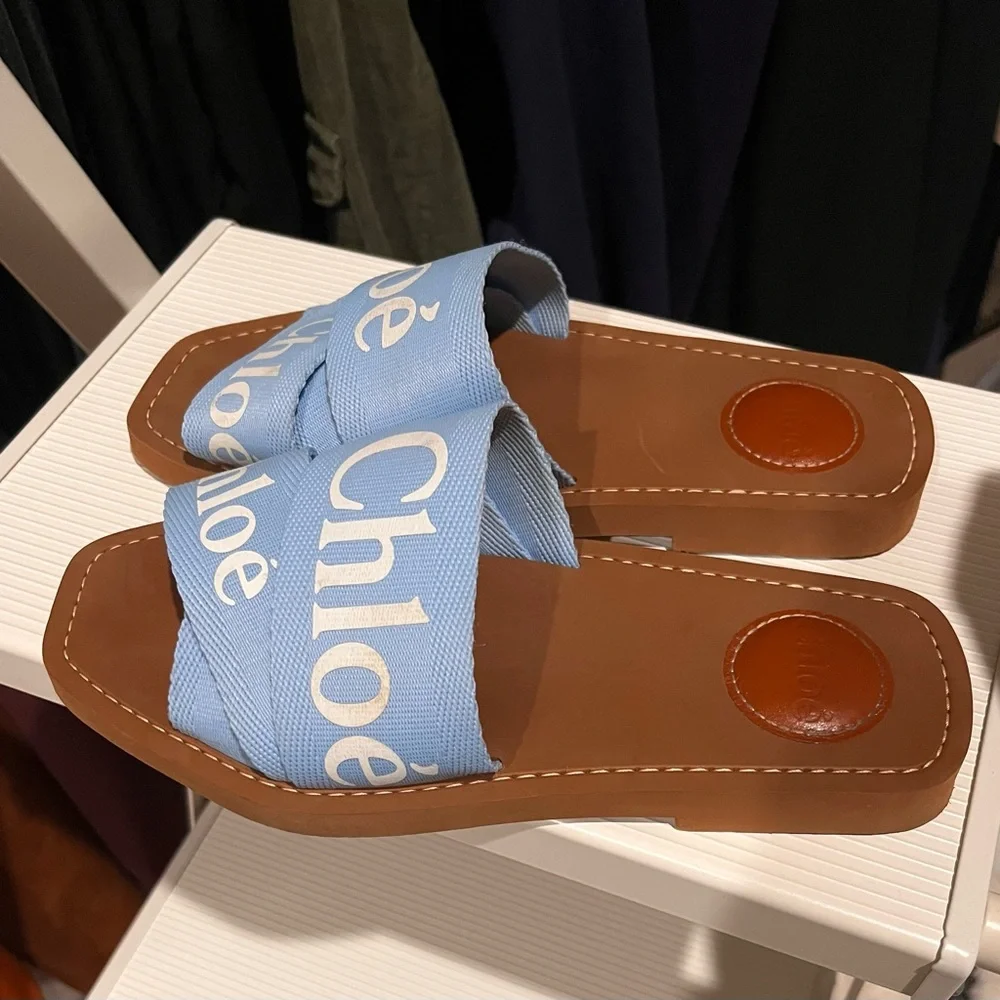 Chloe Light Blue Canvas/Brown Leather Woody Slide Sandals - Picture 5 of 8
